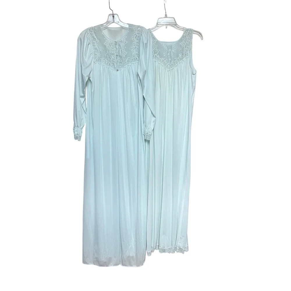 Vintage Shadowline Mint Green Lace Peignoir Nightgown Robe Set Medium USA Nylon